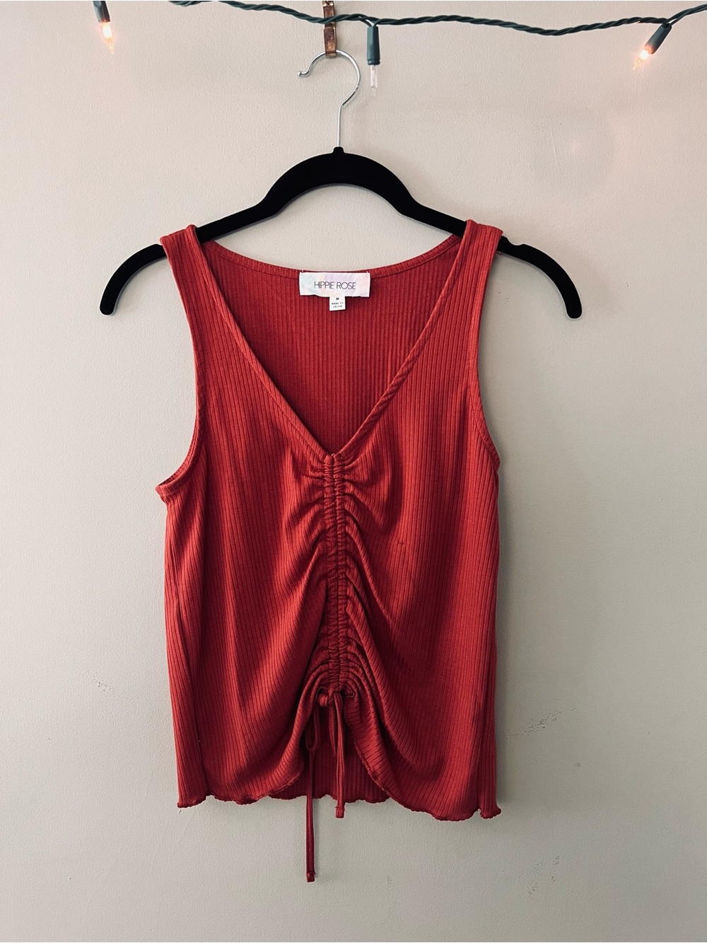 Hippie Rose rust or burnt orange tank top ruched drawstring v neck medium M